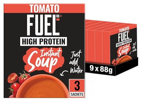 FUEL10K High Protein Tomato Instant Cup Soup, 3 Sachets Per 88g Box, (Total 9 Boxes = 27 Sachets)