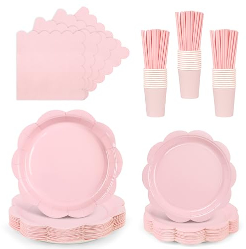 ZUQMZUQ 125 Pcs Pink Paper Plates and Napkins Set, Pink Party Tableware Set | Include Light Pink 9 Scalloped Dinner Plate, 7 Party Plates, Napkin, Cups, Paper Straws for Baby Shower, Wedding, Birthday