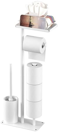 Porte-papier toilette sur pied avec brosse WC, brosse WC et étagère, porte-papier toilette debout, brosse WC avec porte-brosse, acier inoxydable, blanc, 24 x 12 x 59 cm