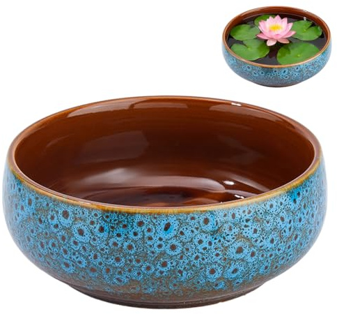 DICOSMETIC Vaso in ceramica di loto, 16 cm, per piante acquatiche e ninfea, vaso smaltato, per bonsai, piante grasse, piante idroponiche, colore: blu acciaio
