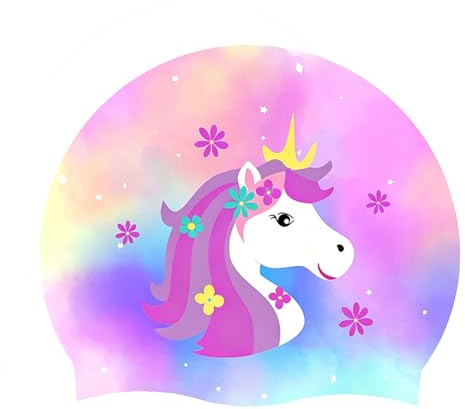 Bonnet de bain pour enfant - Bonnet de bain licorne en silicone pour fille - Cheveux longs - Extensible et confortable - Bonnet de bain doux pour la natation et la plongée