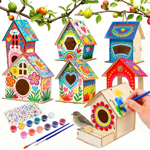 RivanPal DIY Wooden Bird House Kits, 12 Pack Unfinished Wood Birdhouses, Buildable Arts and Crafts Project, 6 Unique Shapes Wooden Craft Gifts with Paint, Brushes, Stickers & Strings