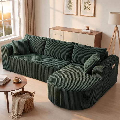 COMHOMA Hörnsoffa med sovfunktion, 243 cm, corduroy, modulär boneless soffa med schäslong, L-formad bäddsoffa, sektionssofa med kudde och sidofickor, soffa för vardagsrum, ingen montering, grön
