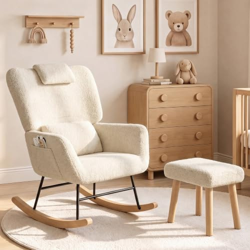 BAJKNIU Gungstol med fotstöd, amningsstol (beige) | Enkel fåtölj i lammull med ländryggskudde och nackkudde, bekväm relaxfåtölj för vuxna, vardagsrum