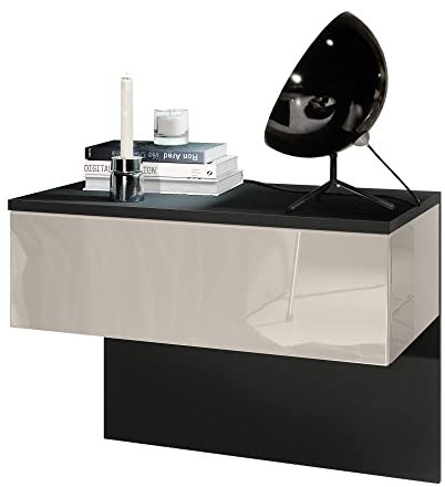 Vladon Nachttisch Sleep, Made in Germany, Nachttischschrank mit Schublade zur Wandmontage, Schwarz matt/Sandgrau Hochglanz (60 x 46 x 35 cm)