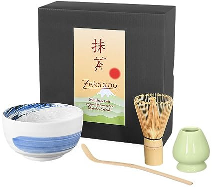 Aricola® Matcha Starter Set 4-teilig bestehend aus: Original japanische Matcha-Schale blau-weiß 450ml, Matcha-Löffel, Matcha-Besen (Bambus) und Besenhalter in eleganter Geschenkbox