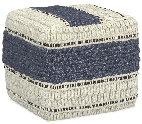 SIMPLIHOME Grady 18 Wide Square Pouf in Blue/Natural Wool and Cotton