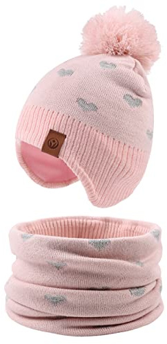 XIAOHAWANG - Berretto Invernale per Bambini, Caldo, con Pompon Cappello Rosa + Sciarpa 8-24 Mesi
