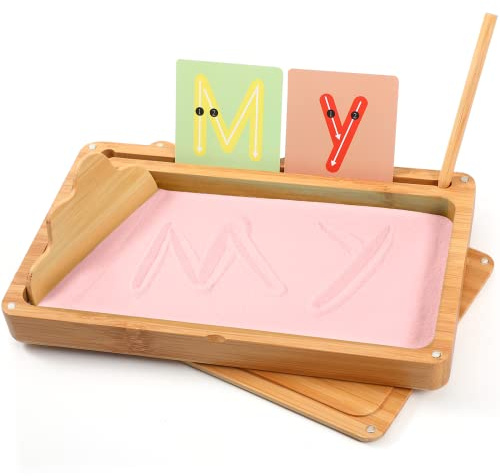 Juguete de arena Montessori con letras y señales de entrenamiento temprano, mesa de arena de madera para el aprendizaje Montessori, juguete para el desarrollo motor temprano en niños (Rosa)