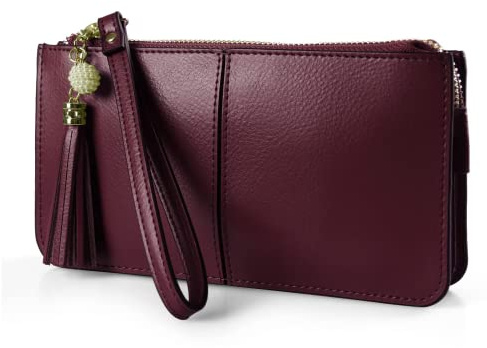 Borsa da polso, in vera pelle, da donna, con cinturino da polso e chiusura a zip e nappa staccabile, adatta per telefono 8 Plus, Borgogna, Taglia unica, Pochette da polso