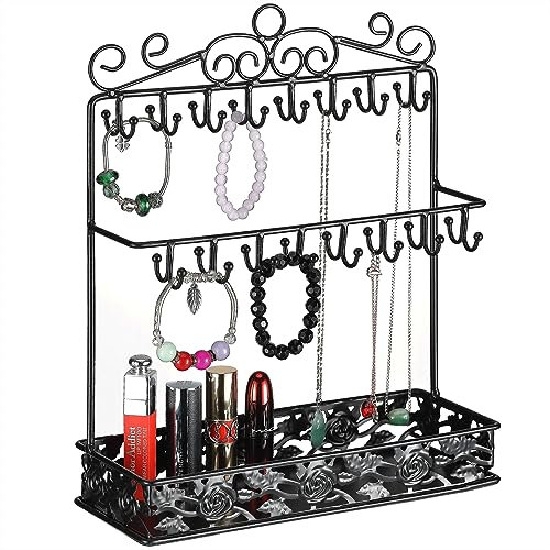 MOCOME Black Metal Jewelry Holder Organizer Stand Necklace Holder Stand with 32 Hooks and Tray for Woman