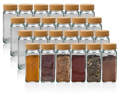 Bewunder Ceylon Set di barattoli per spezie con 24 x 120ml barattoli e coperchi in bambù | Organizza la tua cucina con coperchi a vite, etichette, inserto per spolverare e imbuto in silicone