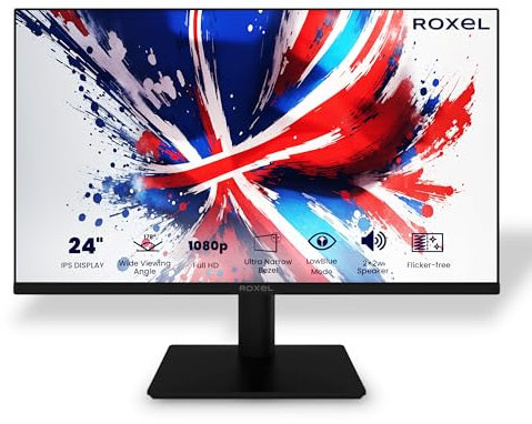 Roxel RM-24F 24 Inch IPS Monitor Borderless Design Computer Monitor, FULL HD 1080P, 75Hz, HDMI+VGA, 99% sRGB 5ms Response Eye Care Flicker Free Low Blue Light, Frameless, (24 inch)