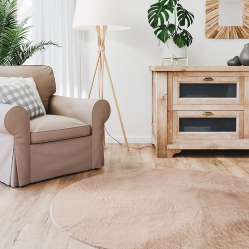 Interiyou Fargo - Teppich Wohnzimmer 120x120 cm Rund Taupe - Kurzflor Waschbar und rutschfest - Flauschiger Fellteppich aus Kunstfell - weicher Langflor Fell