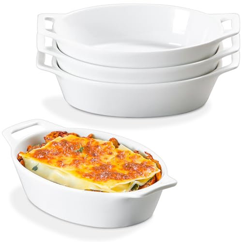 ONEMORE Au Gratin - Pirofila da 590 ml, casseruola singola per forno, in ceramica, ovale, con manici, set di 4 padelle per gratinare, arrostire, lasagne, cuocere carne e verdure, colore: bianco