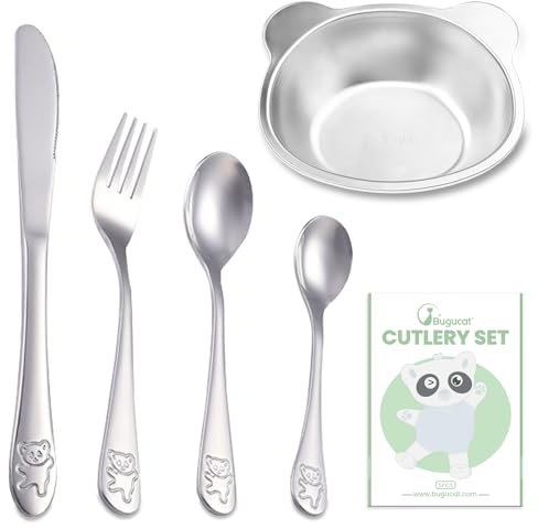 Bugucat Kinderbeteck Set 5-Teiliges,Kinder Besteck Edelstahl, Besteck Kinder ab 3 Jahre,Kinder Besteckset mit Schüssel aus Edelstahl,Kinderbeteck für Junge＆Mädchen,Spülmaschinengeeignet,BPA-Frei