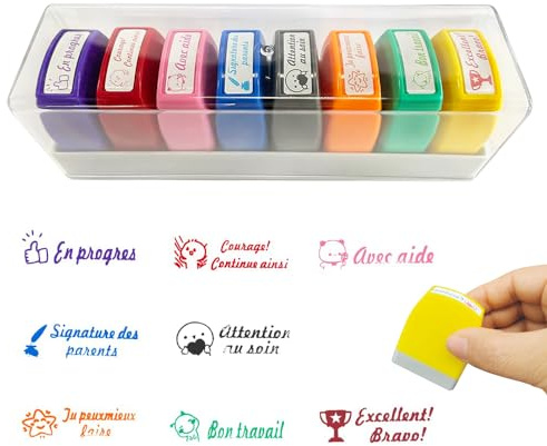 KBIBCK Lot de 8 Tampon Encreur Enseignant Français, Tampon Encreur pour Enfant, Tampons Auto Encreur Tampons Enseignant Maternelle Cadeau pour Professeur TamponEcole avec Boîte pour Encourager Élèves