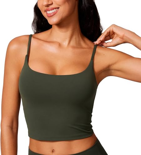 CRZ YOGA Butterlift Women's Scoop Neck Longline Sports Bra - U Back Adjustable Straps Workout Yoga Crop Top with Built in Bra Olive Green 8