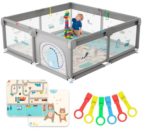 JUPPLIES Parque Infantil Bebe 150x180cm + Alfombra Bebe – Corralito Bebe con Malla Transpirable – Parque de Juegos Bebe Plegable con Puerta Lateral – Playpen Bebe - Gris