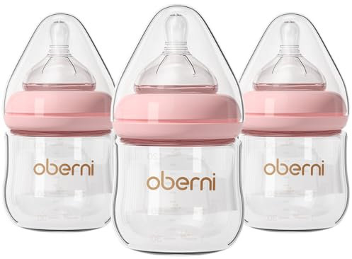 Oberni Glass Baby Bottle, Anti-Colic Newborn Baby Bottles with Slow Flow Breast-Like Teat, 0m+, Pink, 120ml (Pack of 3)