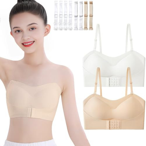 Mädchen Trägerloser BH Nahtloser Bandeau-BH 2er-Pack Bügellose Sport Unterwäsche Tanzballett Unsichtbares Bralette Trainings-BHS mit wandelbaren Trägern für 10-12 Jahre