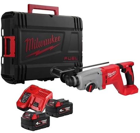 Milwaukee M18BLHACD26-402X M18 Brushless 26mm SDS-Plus D-Handle Hammer Kit - 2X 4ah Batteries Charger and Case