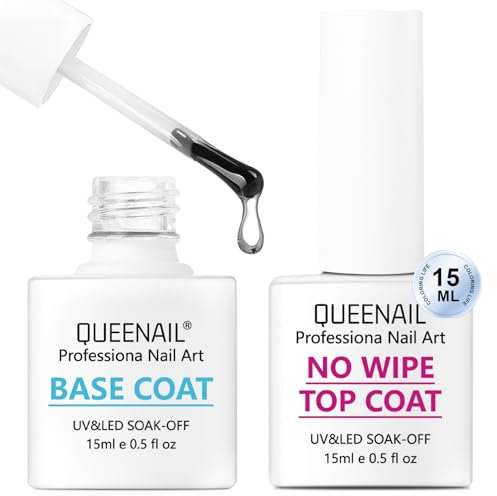 2 Bouteille 15ml No Wipe Top Coat et Base Coat Set, Base et Top Coat Polish UV Vernis à ongles Gel, Long Lasting Manucure Kit pour vernis à ongles, Design d'art d'ongle