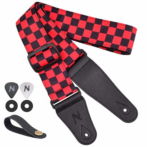 Nefelibata Sangle de guitare réglable en coton double couche de 5,1 cm de large avec longues extrémités en cuir pour basse, électrique et acoustique, meilleur cadeau pour enfants, guitaristes (damier