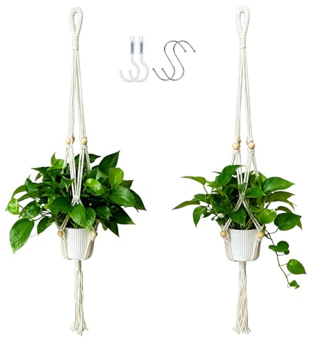 HahaMagic Juego de 2 Soportes Macramé para Plantas con Borla, Colgadores Boho para Decoración Hogar, Salón, Pasillo y Dormitorio, Maceteros Colgantes de Algodón con 4 Ganchos (Maceta No Incluida)
