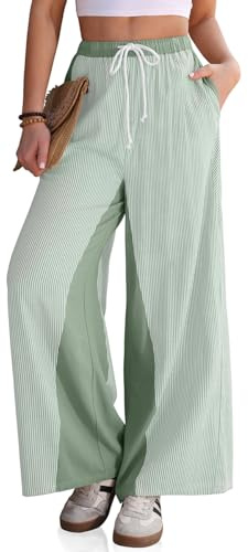 TARSE Women’s Linen Wide Leg Pants Striped Drawstring Elastic Waist Loose Fit Summer Boho Casual Trendy Pants with Pockets(LightArmyGreen, XL)