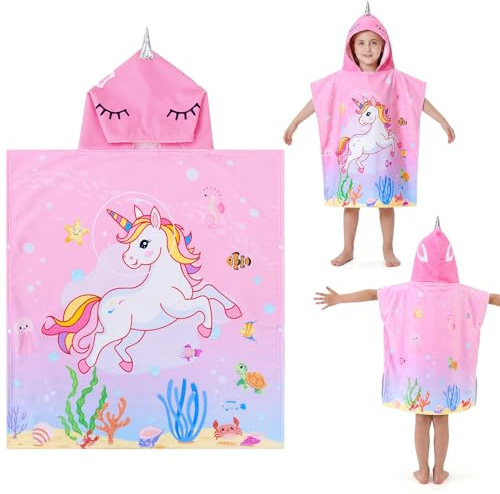saerryor Pink Unicorn Kids Hooded Poncho Towels for 6-12 Years | 30 x 28in Beach Swimming Towels Changing Robe for Boys and Girls after Swim Shower Beach Pool