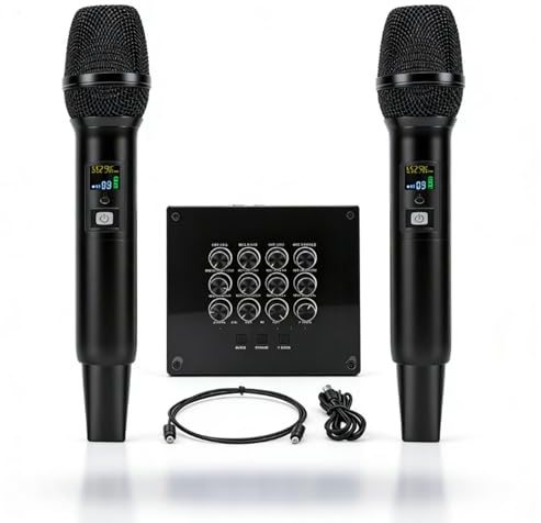 LICAEVEY Trådlöst Mikrofon-karaoke-mixersystem, Dubbel Handhållen Trådlös Mikrofon med Integrerad Equalizer för Ljudkort, Högtalare och Instrumentförstärkare