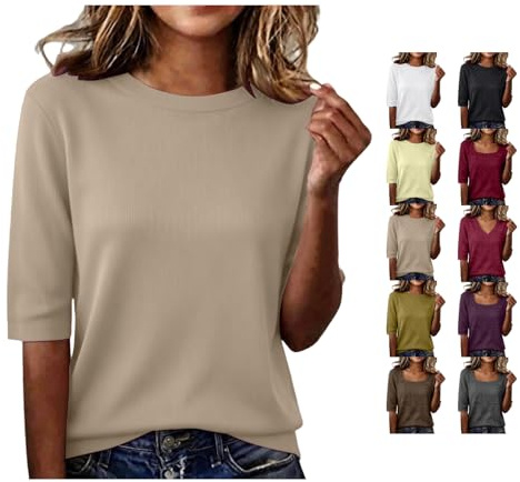 Côtelé T-Shirt À Manches Courtes pour Femme Chic Et Élégant D'été Coupe Ajustée Couleur Unie Décontractée Tenue De Tous Les Jours
