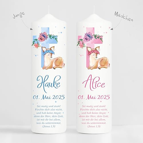 Wandtattoo Loft Taufkerze Junge oder Mädchen mit Taufspruch, Motiv mit Jesuskreuz und Rehkitz, 25cm x 7cm, personalisierte Kerze, bedruckte Kerze zur Taufe, Stumpenkerze, individuelles Taufgeschenk