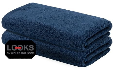 LOOKS by Wolfgang Joop 2X Gästehandtuch 30x50 cm – 100% Baumwolle Doppelpack Luxus Gästehandtücher mit Aufhänger & Logostick, 2er Set Gästetuch blau