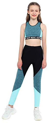 Oyolan Sportset flicka leggings långa strumpbyxor fitness yoga löpning väst sport linne bodybuilding tank top outfit gymnastik kostym dans 5–14 år, typ b blå, 12-14 ans