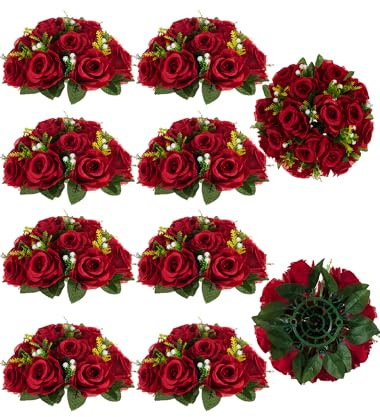 BLOSMON Flower Centerpieces for Tables Wedding: 10 Pcs Crimson Red Artificial Rose Flowers Balls Decoration - 9.5 Inch Fake Silk Kissing Floral Arrangement for Home Party Event DIY Decor