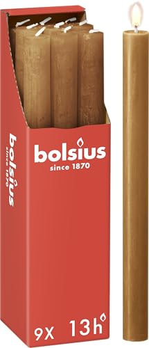 Bolsius Rustik - Candele a bastoncino, colore marrone chiaro, set da 9 pezzi, lunghezza 13 ore, non profumate, cera vegetale naturale, senza gocciolamento, senza olio di palma, 27 x 2,3 cm