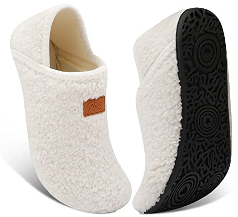 Fires Womens Mens Slippers with Rubber Sole Soft-Lightweight House Slipper Socks Around House Shoes Non Slip Indoor/Outdoor, Creamwhite, 8-9 Women/6.5-7.5 Men