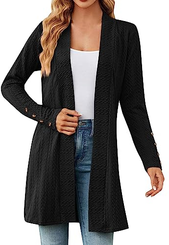 Cárdigan de punto de longitud media para mujer, elegante, monocolor, manga larga, frente abierto, chaqueta ligera de otoño, Negro , M