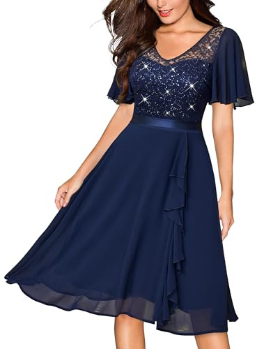 MIUSOL Women's Elegant Lace Sequins Insert Chiffon Ruffle Cocktail Party Prom Semi Formal Wedding Guest Swing Dress (Medium, Navy Blue)