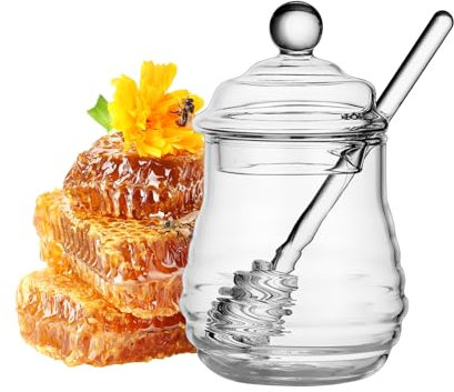 FHISKUNYU Bote de Cristal para Almacenamiento de Miel y Jarabe 300ml - Envase Hermético Anti-Goteo con Cuchara, Tapa Segura y Base Estable (Conservación Óptima)