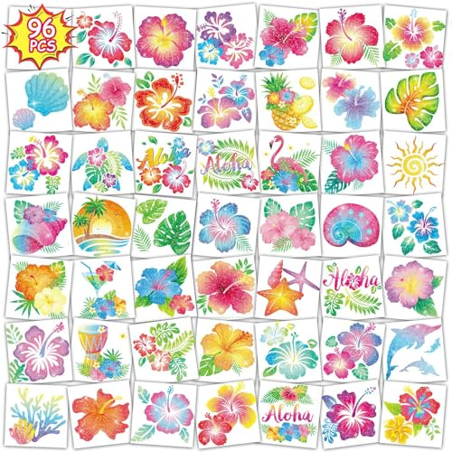 Qpout 96 st glittriga hibiskus tillfälliga tatueringar för barn och kvinnor, sommar hawaiianska blomtatueringar, Aloha party Luau strandgåvor, tropiska temadekorationer