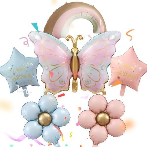 6 Pièces Decoration Papillon Anniversaire Fille, Ballon Aluminium Papillon, Ballon Fleur, Deco Anniversaire Fleurs papillon, Ballons papillons pour anniversaire Enfant