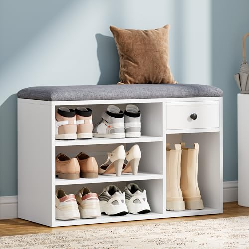 YITAHOME Panca Scarpiera, Scarpiera Ingresso con Seduta Imbottita, con Cuscino, Cassetto in Tessuto e Scomparti Aperti, 3 Scomparti, Adatta agli Stivali, Bianco e Grigio