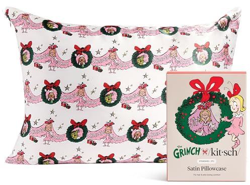 The Grinch x Kitsch Satin Pillowcase with Zipper for Hair & Skin - Softer Than Silk Pillow Cases, Smooth Cooling Pillow Cover, Wrinkle-Free, Machine Washable, Queen/Standard (19x26)- Cindy Lou