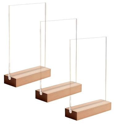 Changyeah Lot de 3 présentoirs de table A6 - Transparent - En acrylique - Avec pied en bois - Support vertical en L - Double face - Pour cartes de menu, prospectus, publicité, restaurant, café, bureau