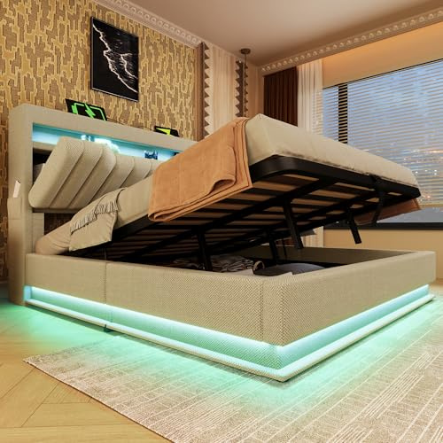 5ft King Size Bed Frame with Storage & Concealed Storage Headboard,Linen Functional Upholstered Ottoman Bed with 360 Surround LED Lighting & Charging Station,Beige Hydraulic Gas Lift Beds,No Mattress