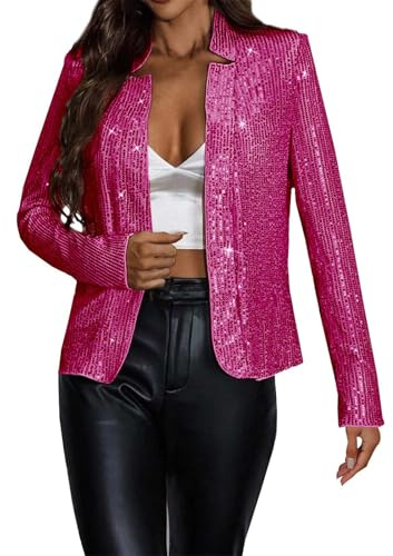 Generisk paljetter bolero damer, kavaj damer glitter festlig jacka festival kostym kvinnor karneval kostym casual blusjacka party bomberjacka kort streetwear rave outfit bekväm kavajrock, Het rosa, S