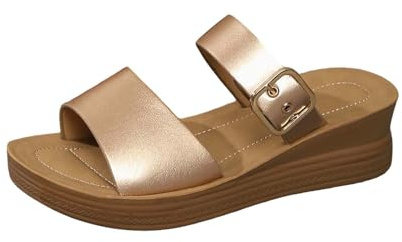 Sandalias de verano para mujer, elegantes tacones de cuña, con hebilla ajustable, separadores de dedos, suelas gruesas, sandalias romanas, modernas, deslizantes para los pies, zapatos casuales, dorado